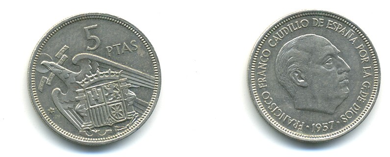 ИСПАНИЯ 5 ПЕСЕТ 1957 (74) ФРАНСИСКО ФРАНКО ДИКТАТОР ИСПАНИИ (1939-1975) KM 786 медно-никель 80-1132