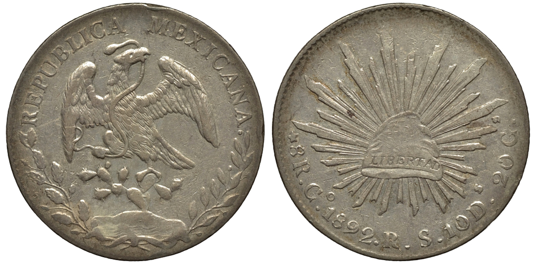 Мексика 8 реалов 1892 Go KM 377.8 серебро 11-203-22