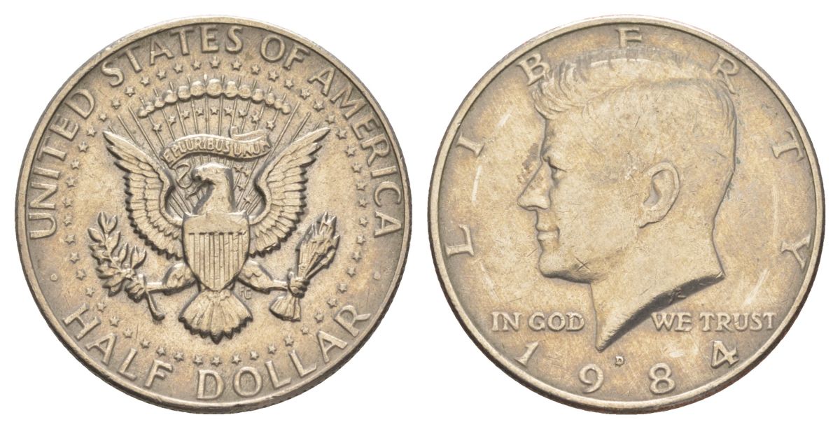 США 1/2 доллара (50 центов) 1984 D, Джон Кеннеди KM A202b медь плакированная медно-никелем aUNC 4367-941