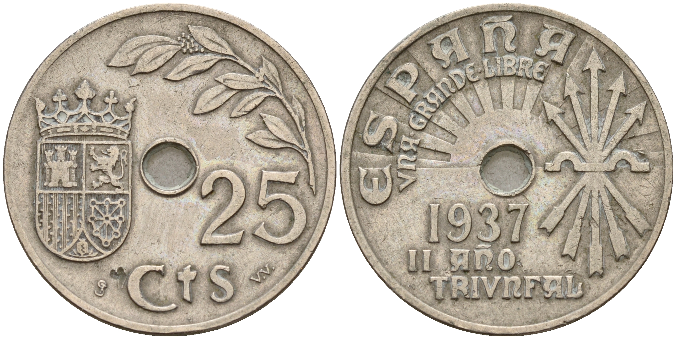 Испания 25 сентимо 1937 год тип KM 753 медно-никель   4601-952