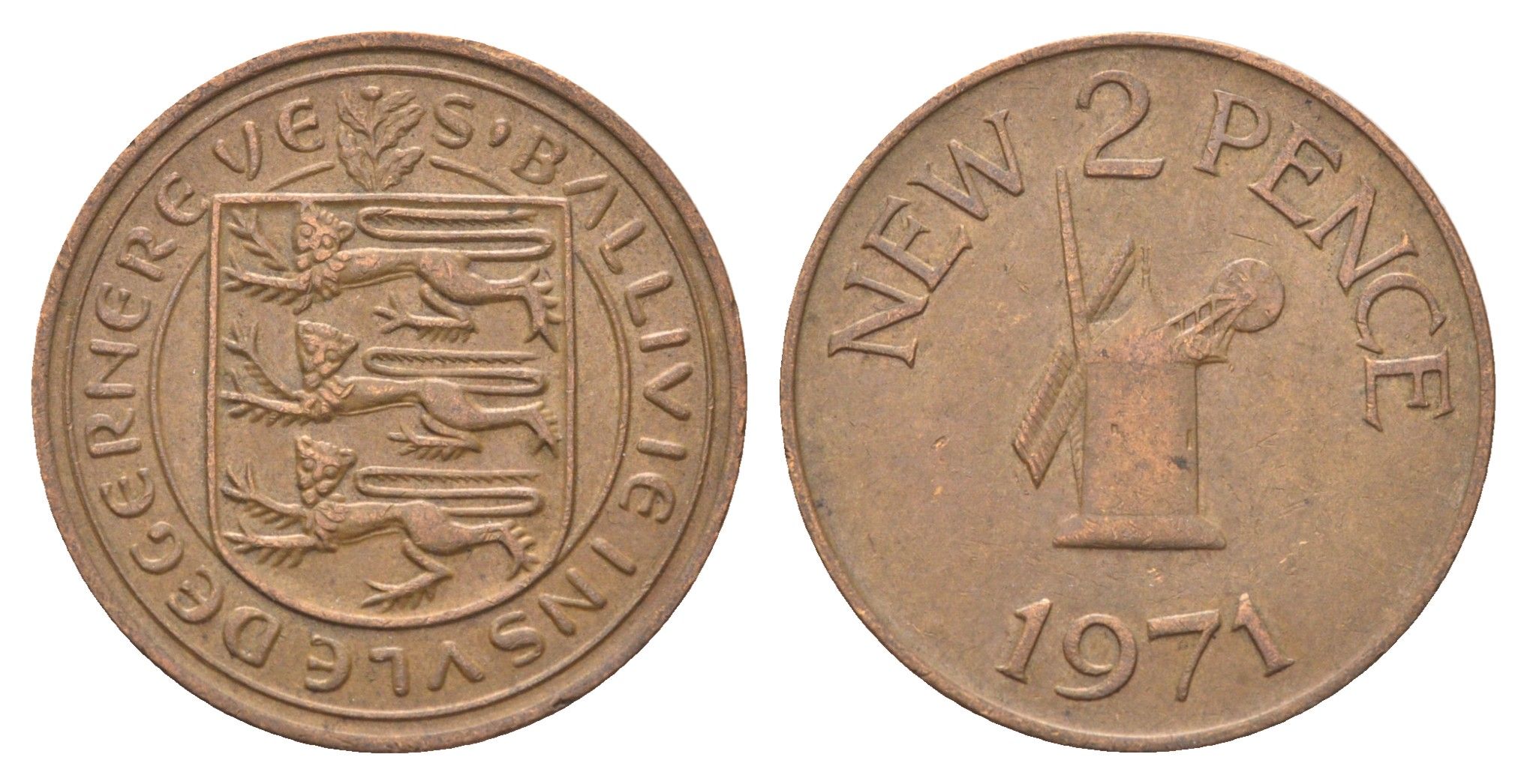 Гернси 2 новых пенса 1971 Елизавета II (1952-2022), ветряная мельница KM 22 бронза 4703-1145
