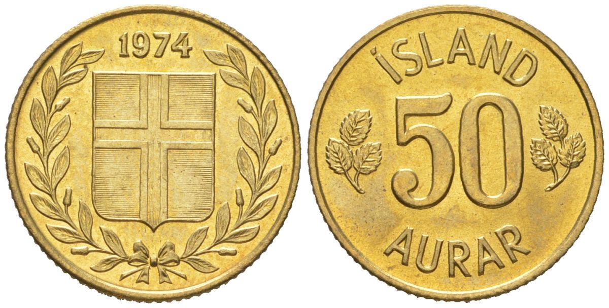Исландия 50 эйре 1974 KM 17 никель латунь aUNC 4169-1121
