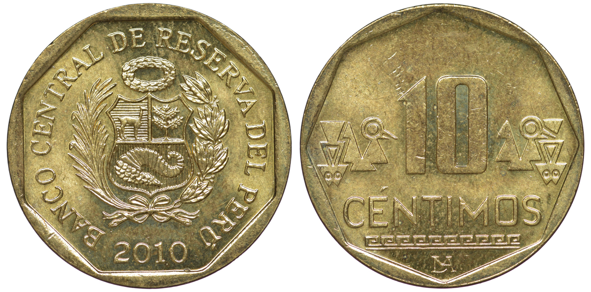 Перу 10 сентимо 2010 KM 305.4 латунь aUNC 4605-637
