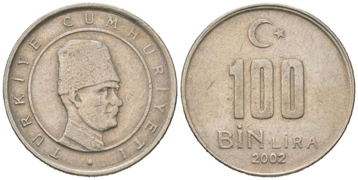 Турция 100000 лир 2002 Мустафа Кемаль Ататюрк KM 1106 медь цинк никель 4618-854