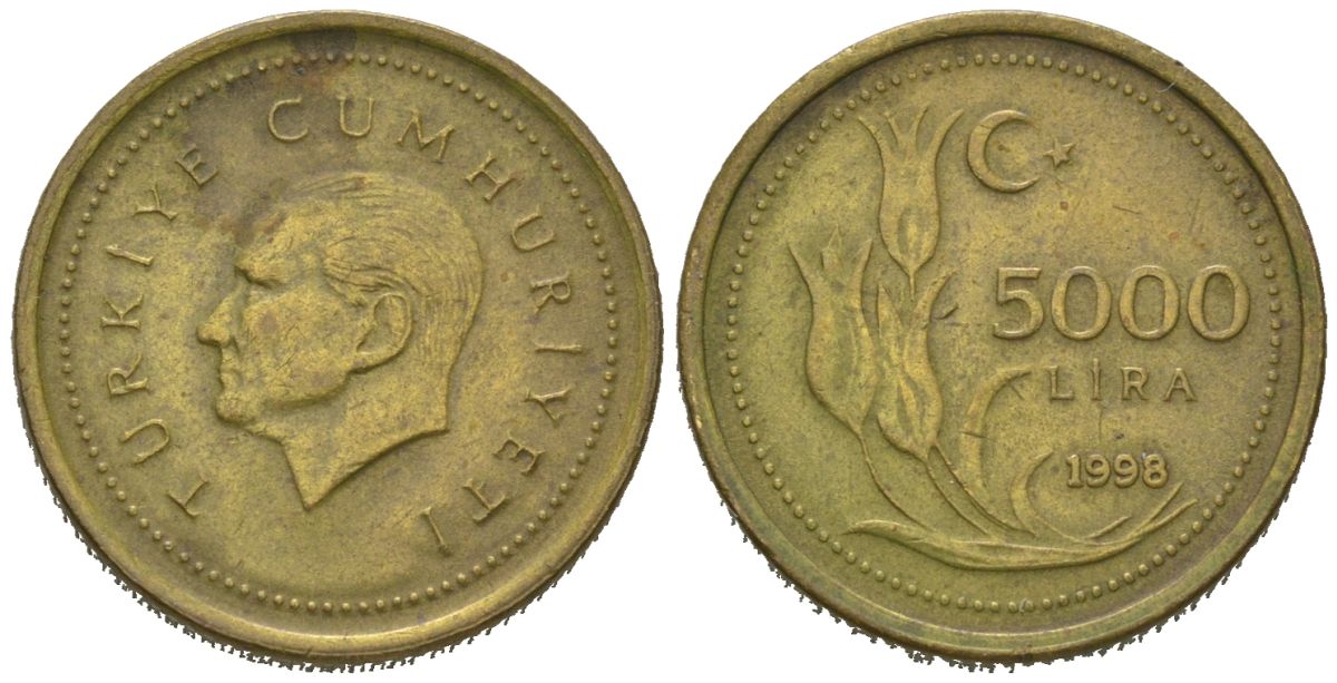 Турция 5000 лир 1998 Мустафа Кемаль Ататюрк KM 1029.1 латунь 4618-429