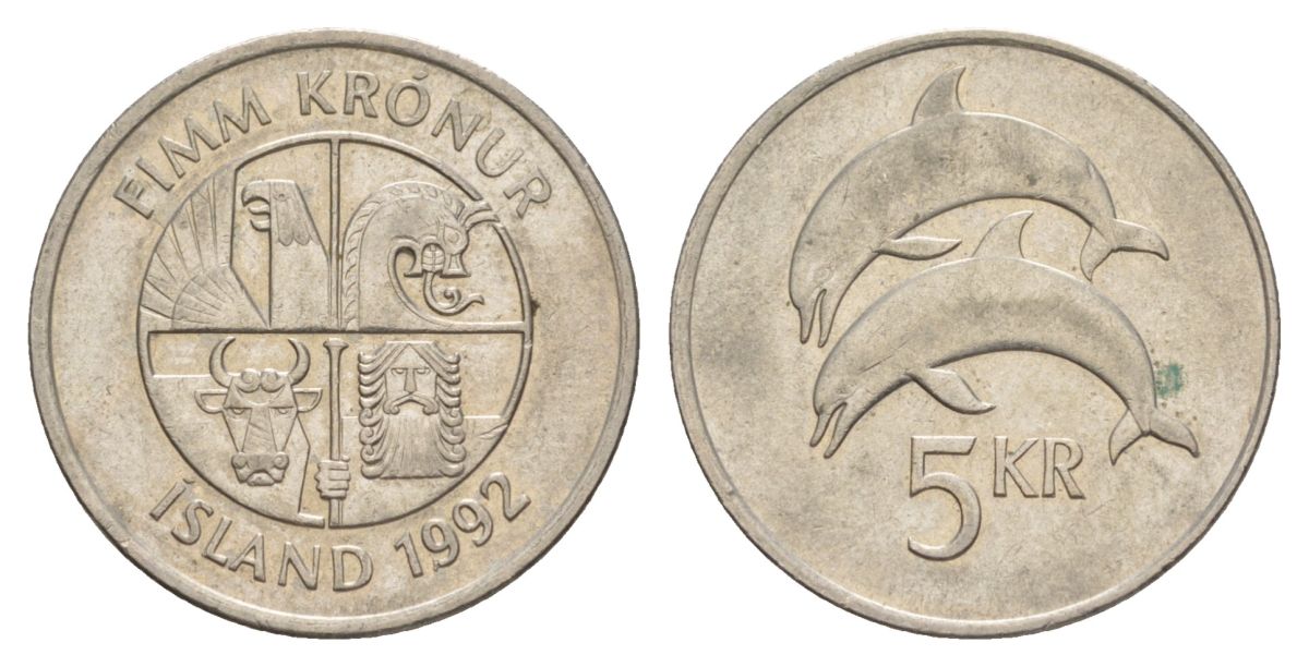 Исландия 5 крон 1992 дельфины KM 28 медно-никель aUNC 4635-131