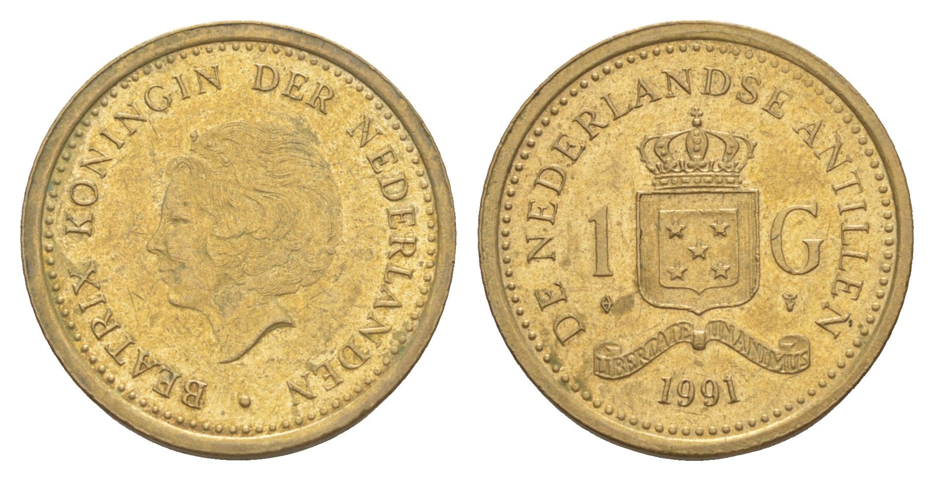 Нидерландские Антильские острова (Нидерландские Антилы) 1 гульден 1991 Беатрикс (1980-2013) KM 37 сталь плакированная бронзой 4646-647