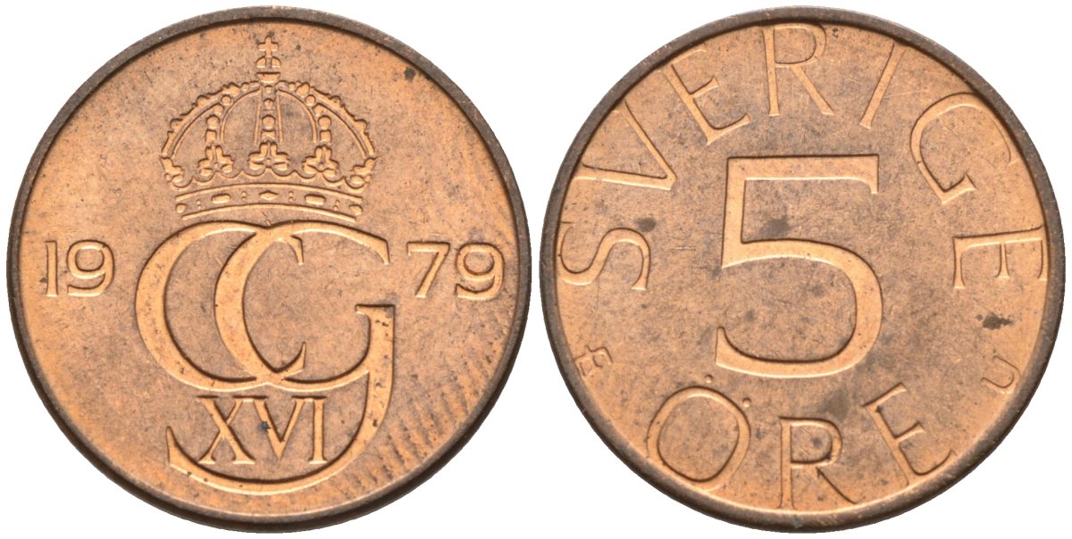 Швеция 5 эре 1979 Карл XVI Густав (1973- ) KM 849 бронза UNC 4585-331