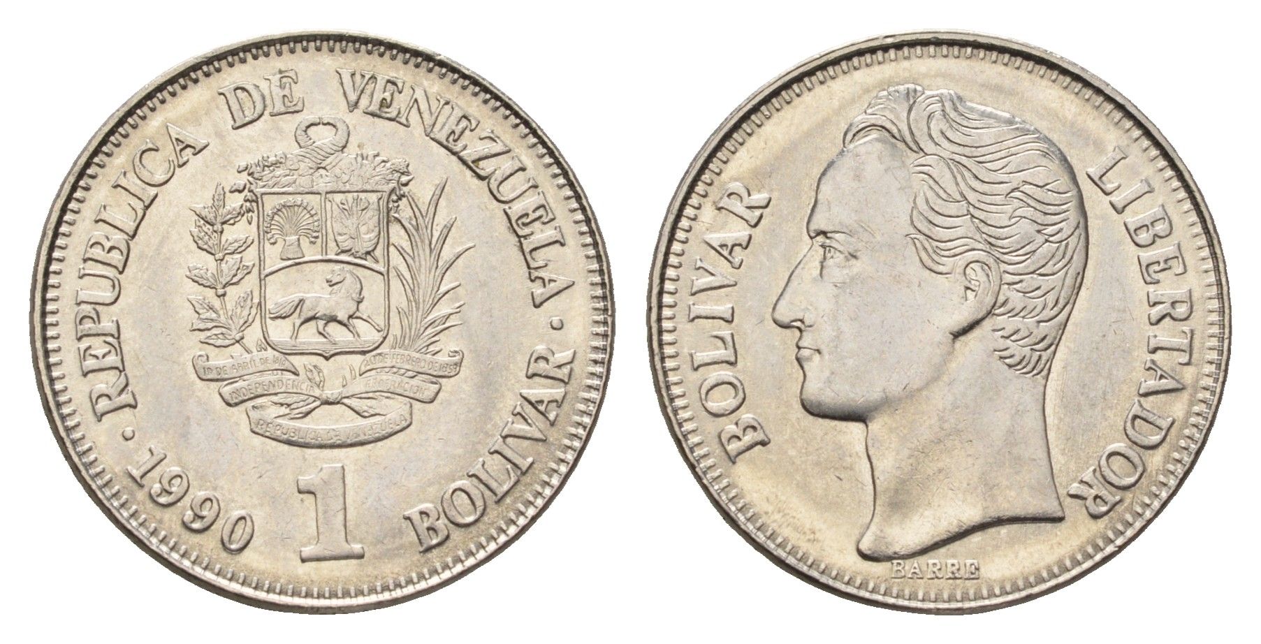Венесуэла 1 боливар 1990 Симон Боливар, толстый шрифт Y 52a.2 сталь плакированная никелем UNC 4698-751