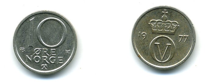 Норвегия 10 эре 1977 Улаф V (1957-1991) KM 416 медно-никель 4364-937