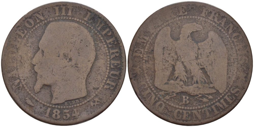 ФРАНЦИЯ 5 САНТИМОВ 1854 B, НАПОЛЕОН III (1852-1870) KM 777.2, LE FRANC 116.9 бронза 28-712