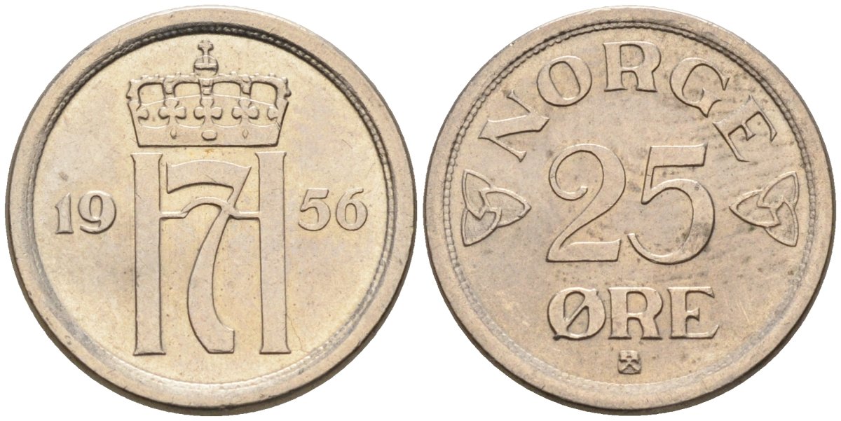 Норвегия 25 эре 1956 Хокон VII (1905-1957) KM 401 медно-никель UNC 4580-1025