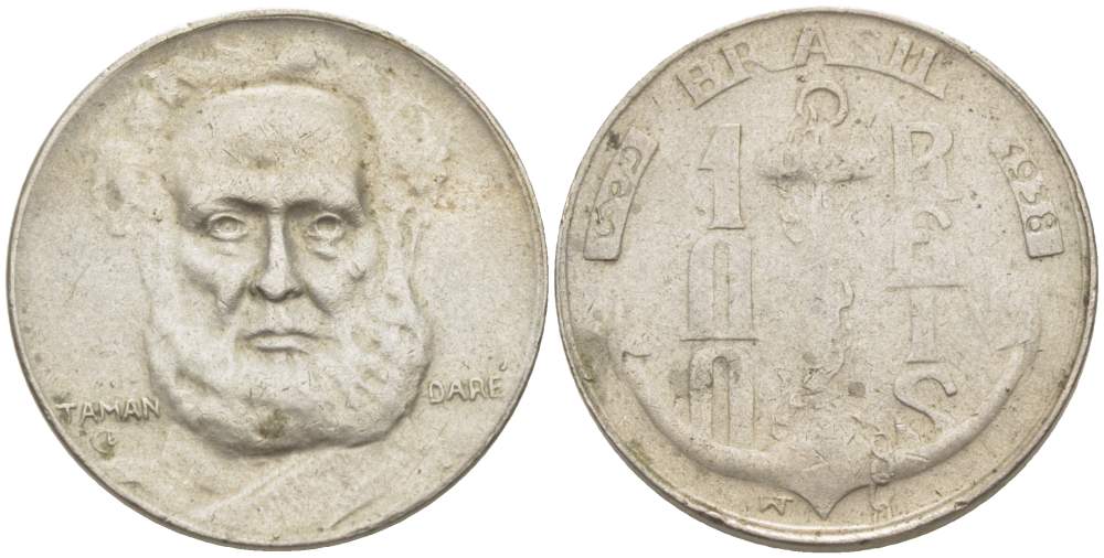 БРАЗИЛИЯ 100 РЕЙС 1938 ОСНОВАТЕЛЬ ВОЕННОГО ФЛОТА БРАЗИЛИИ, АДМИРАЛ МАРКУС ТАМАНДАРЕ, ЯКОРЬ KM 536 медно-никель 4529-547