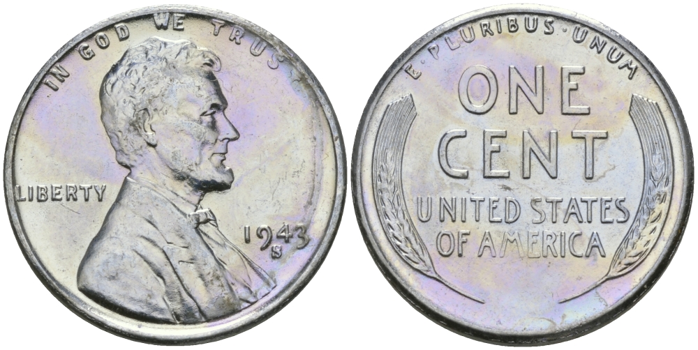 США 1 цент 1943 S (Сан-Франциско), Авраам Линкольн KM 132 a сталь плакированная цинком 96-1164