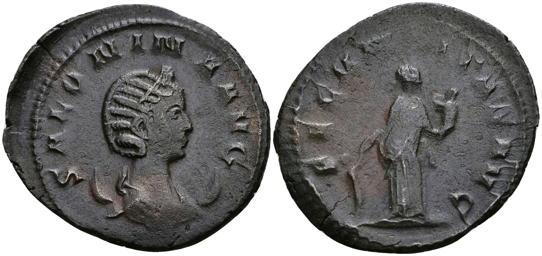 Римская Империя антониниан 254 - 268 Салонина, жена Галлиена FECVNDITAS AVG Фекундитата, персонификация Плодородия, держащая детей Медиолан Good Very fine RIC 57 серебро 1073-2-3-3