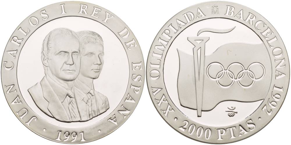 Испания 2000 песет 1991 XXV летние Олимпийские игры 1992 года в Барселоне, флаг, олимпийский огонь KM 887 серебро PROOF 1088-10-51