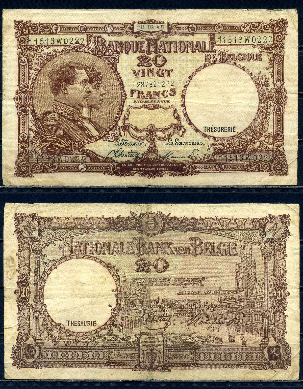 Бельгия 20 франков 1945 20.03.1945, Король Альберт I и его жена Королева Елизавета, Гран-Плас / Гроте Маркт, Брюссель Pick 111 (3) бумага 6301-15-2-2