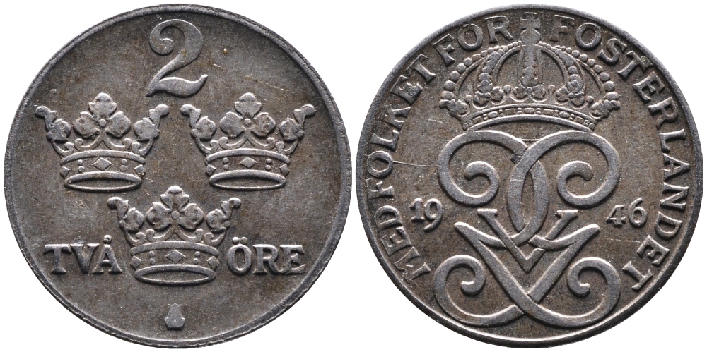 Швеция 2 эре 1946 Густав V (1907-1950) KM 811 железо 4388-1123
