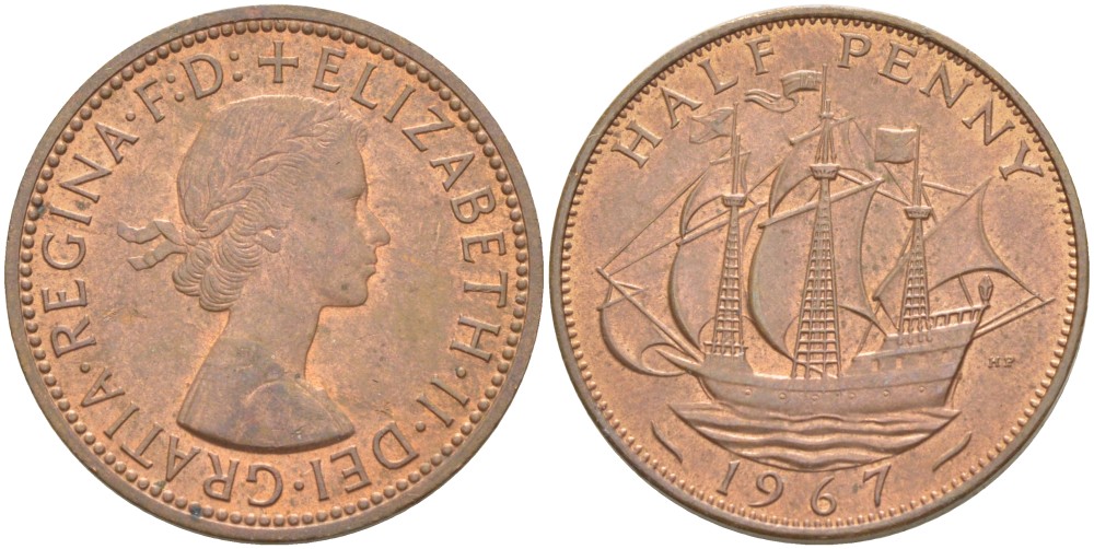 Великобритания 1/2 пенни 1967 Елизавета II (1952-2022) KM 896, Spink 4158 бронза 4544-155
