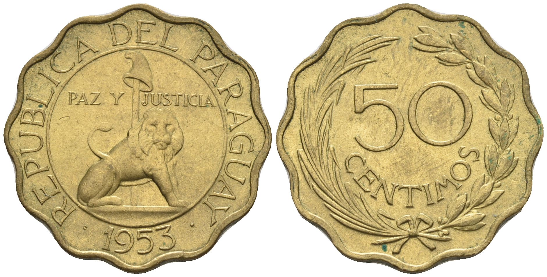 Парагвай 50 сентимо 1953 лев, фригийский колпак на шесте KM 28 алюминиевая бронза  aUNC  4176-1121