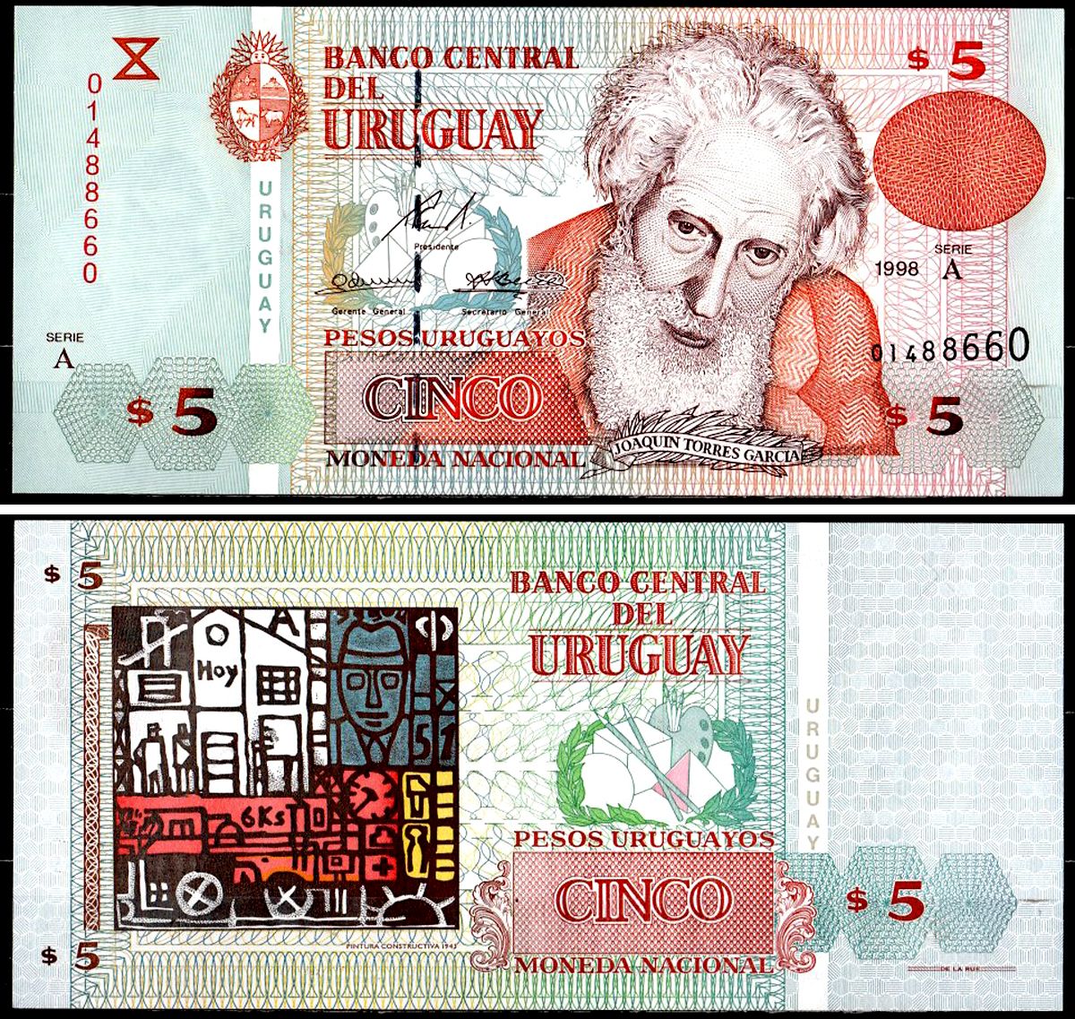 Уругвай 5 песо 1998 Pick 80 a бумага UNC (пресс) 6285-22-2-1