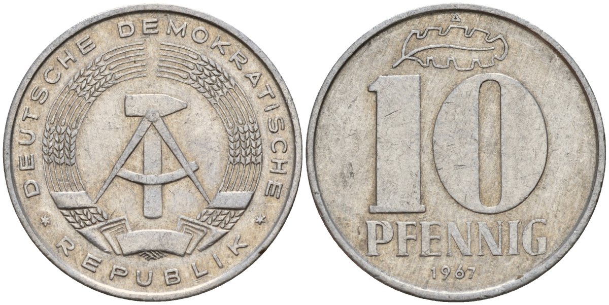 ГДР 10 пфеннигов 1967 A KM 10 алюминий 27-454