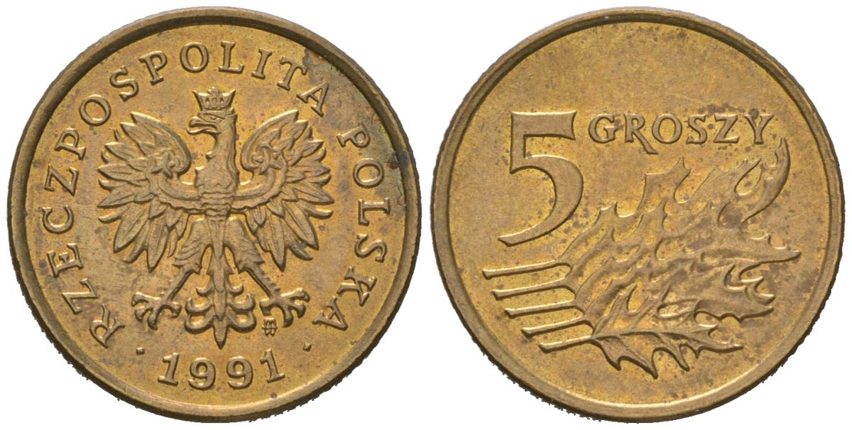Польша 5 грошей 1991 KM 278 латунь UNC 4549-653