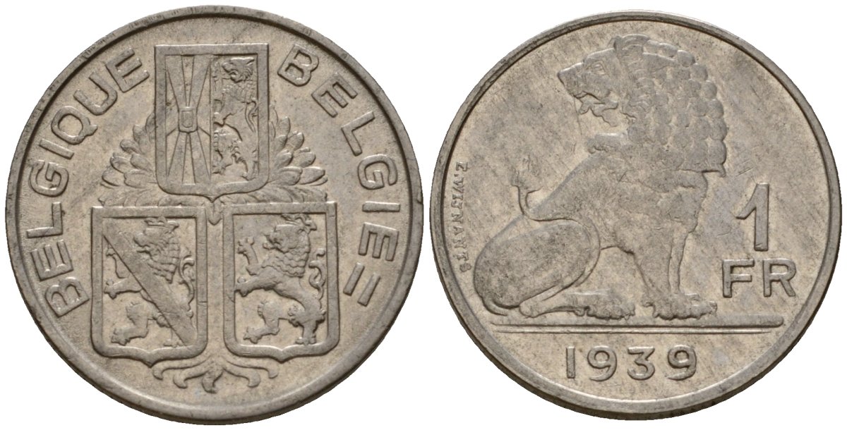 Бельгия 1 франк 1939 Belgique - Belgie KM 119 никель 4603-1232
