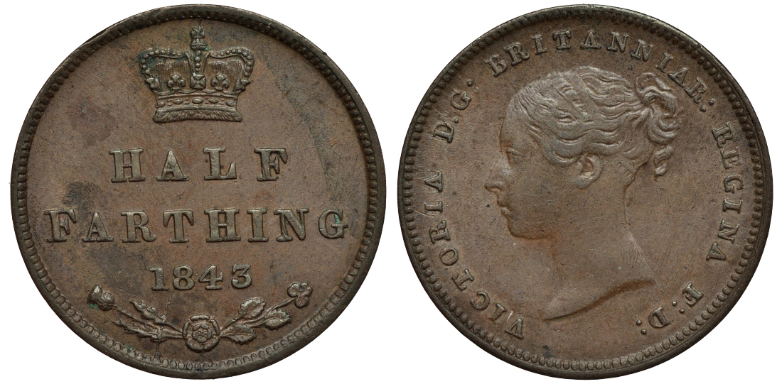 Великобритания 1/2 фартинга 1843 Виктория (1837-1901) KM 738, Spink 3951 медь 1524-124