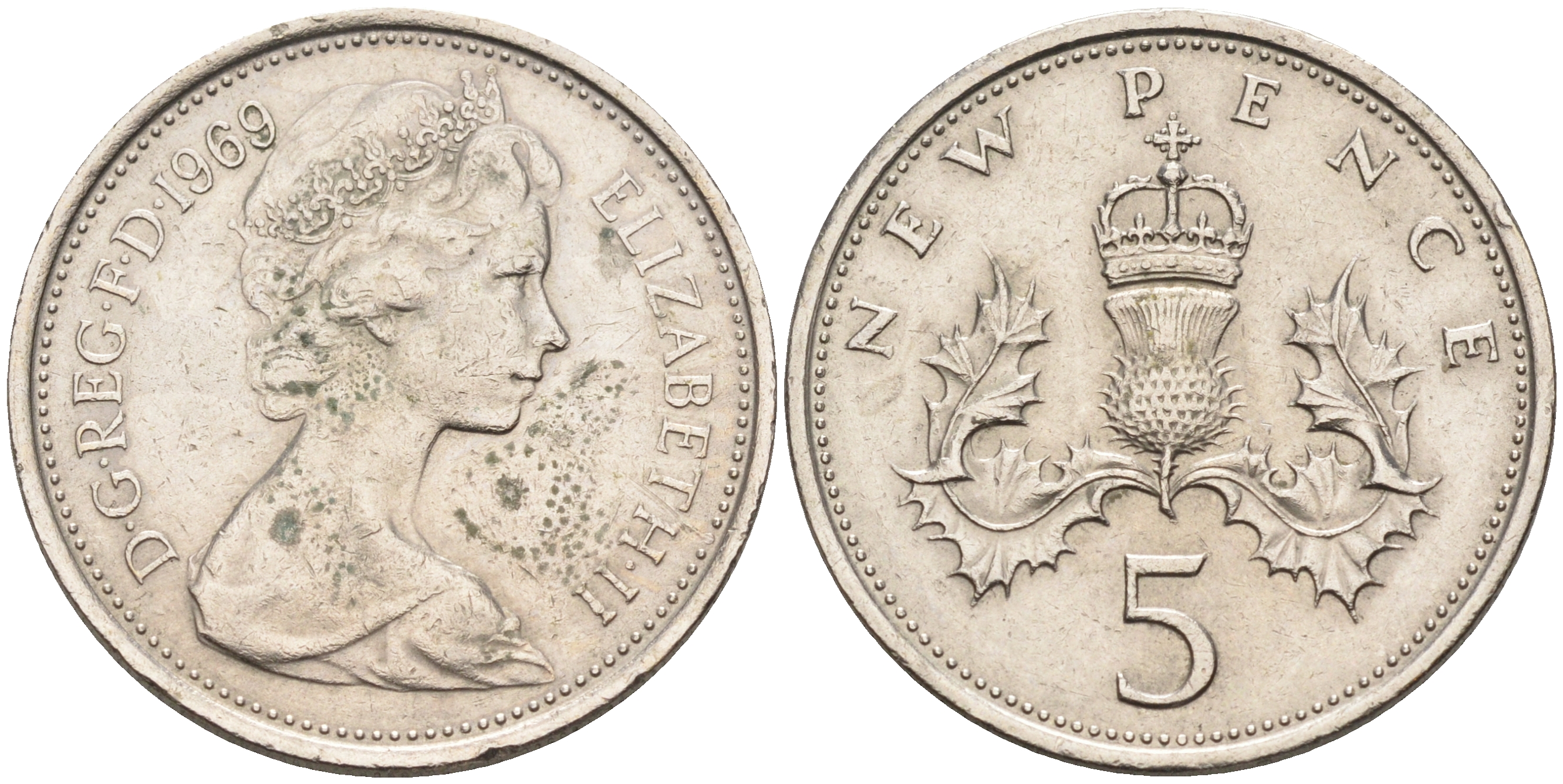 Великобритания 5 пенсов 1969 Елизавета II (1952-2022) KM 911, Spink 4233 (D1) медно-никель    4150-425