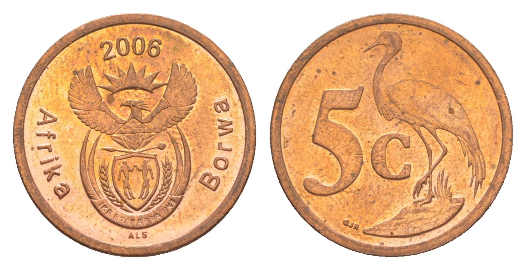 ЮАР 5 центов 2006 герб, райский журавль KM 486 сталь плакированная медью UNC 4621-669