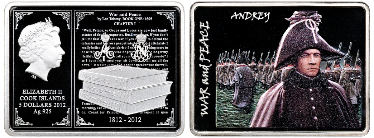 Острова Кука 5 долларов 2012 Лев Толстой, роман "Война и мир", Андрей Болконский, цветная эмаль KM NEW серебро PROOF 1071-10-32