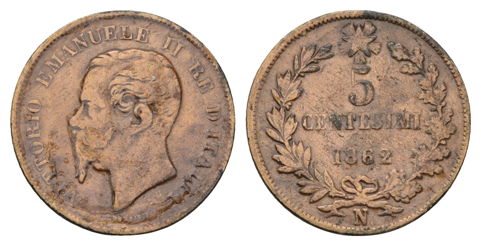 Италия 5 чентезимо 1862 N, Виктор Эммануил II (1861-1878) KM 3.3 медь 3996-843
