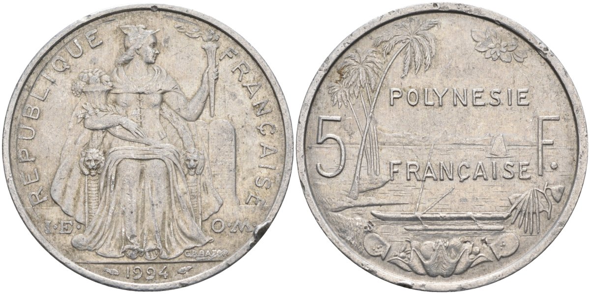 Французская Полинезия 5 франков 1994 KM 12 алюминий 4131-935