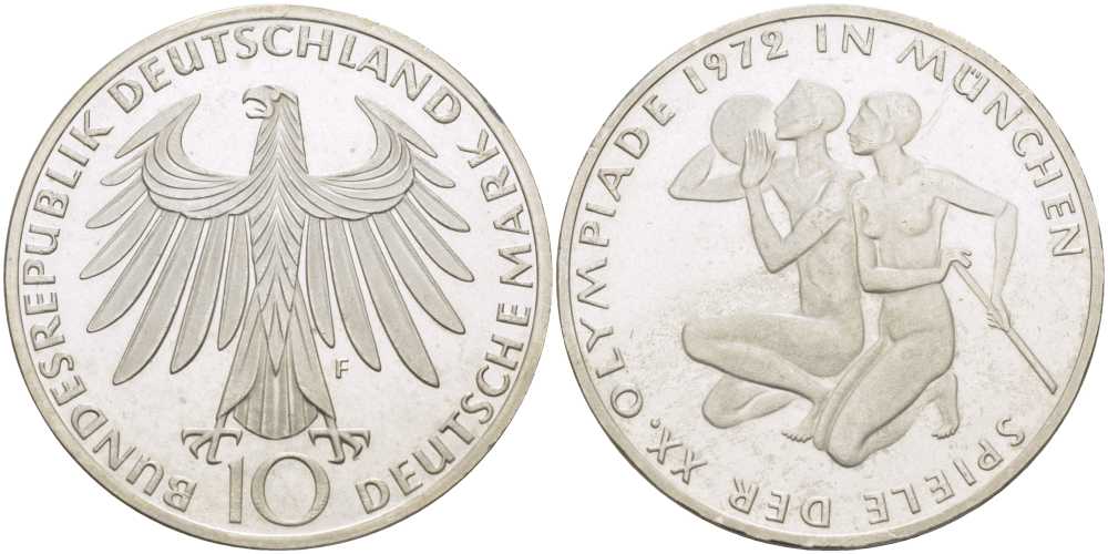 ФРГ 10 марок 1972 F, XX летние Олимпийские Игры, Мюнхен 1972, спортсмены KM 132, J.403 серебро UNC 180-1113
