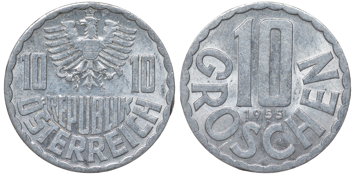 Австрия 10 грошей 1955 KM 2878 алюминий 4164-358