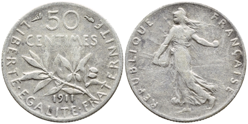 ФРАНЦИЯ 50 САНТИМОВ 1911 ТИП СЕЯТЕЛЬ KM 854, LE FRANC 190.18 серебро F 4178-317