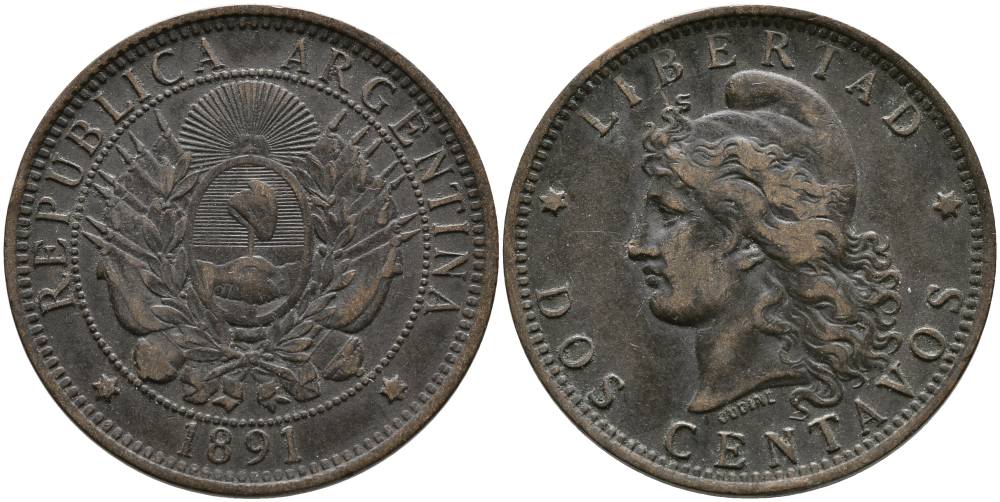 Аргентина 2 сентаво 1891 голова свободы влево KM 8 бронза 4531-1044