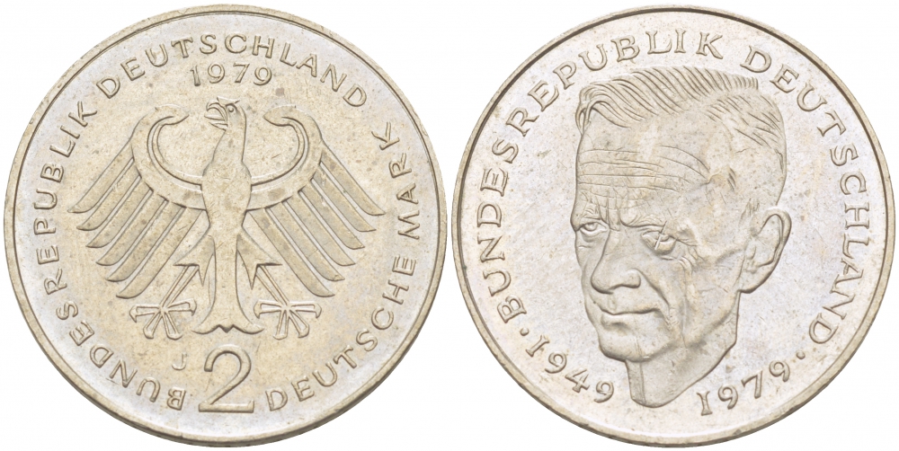 ФРГ 2 марки 1979 J, Курт Шумахер KM 149, J. 424 медно-никель плакированный никелем 3996-923