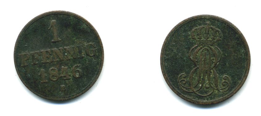 Ганновер 1 пфенниг 1846 B, Эрнст Август (1837-1851) KM 201.1, AKS 129, J. 74 медь 35-823