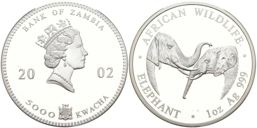 Замбия 5000 квача 2002 Африканские слоны KM 142 серебро PROOF 1091-4-11