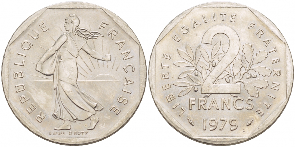 ФРАНЦИЯ 2 ФРАНКА 1979 СЕЯТЕЛЬ KM 942.1, LE FRANC 272.3 никель 4403-1125