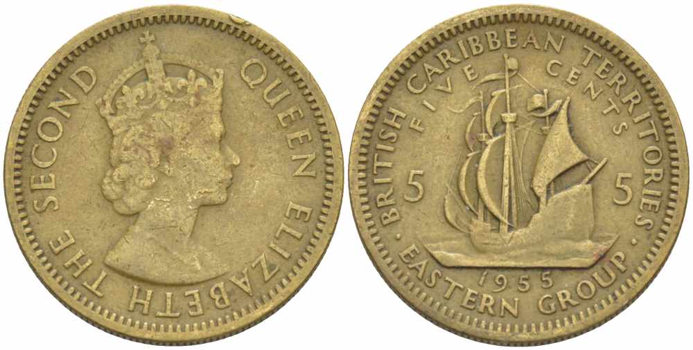 Британские Восточно-Карибские территории 5 центов 1955 Елизавета II (1952-2022), парусник KM 4 никель латунь 108-1123