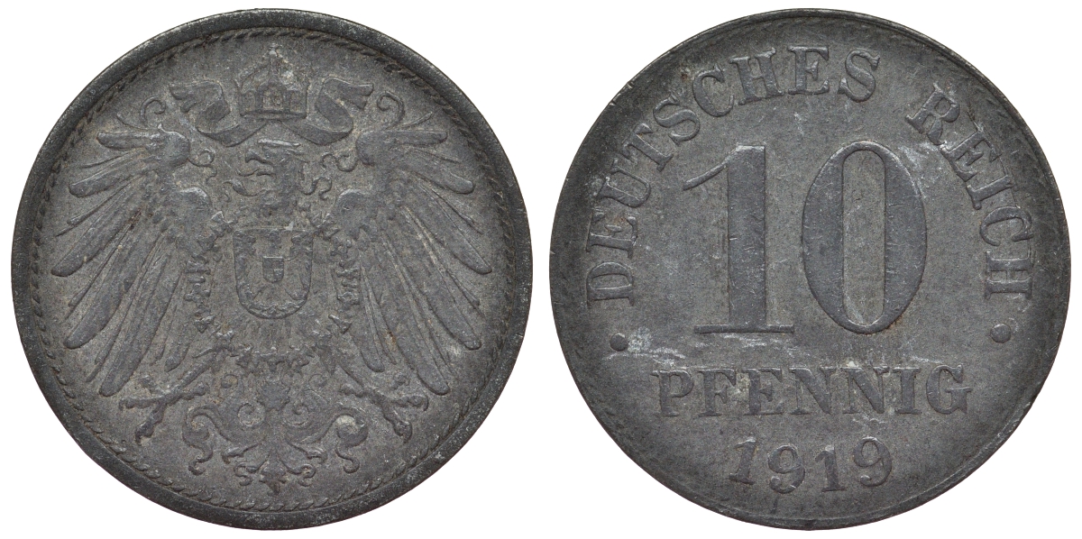 Германия 10 пфеннигов 1919 KM 26, J. 299, Weege 8 цинк 4119-312