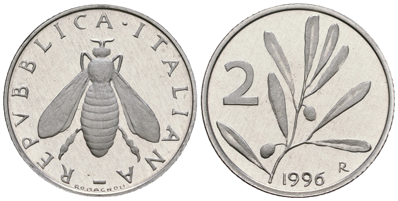 Италия 2 лиры 1996 R, оливковая ветвь, пчела KM 94 алюминий PROOF 1099-3-52