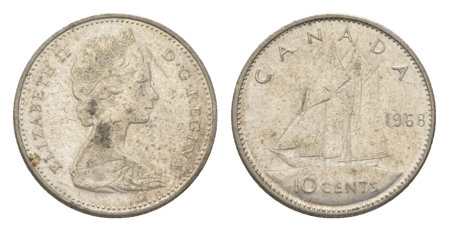 Канада 10 центов 1968 Елизавета II (1952-2022), парусник KM 72 серебро 4623-959