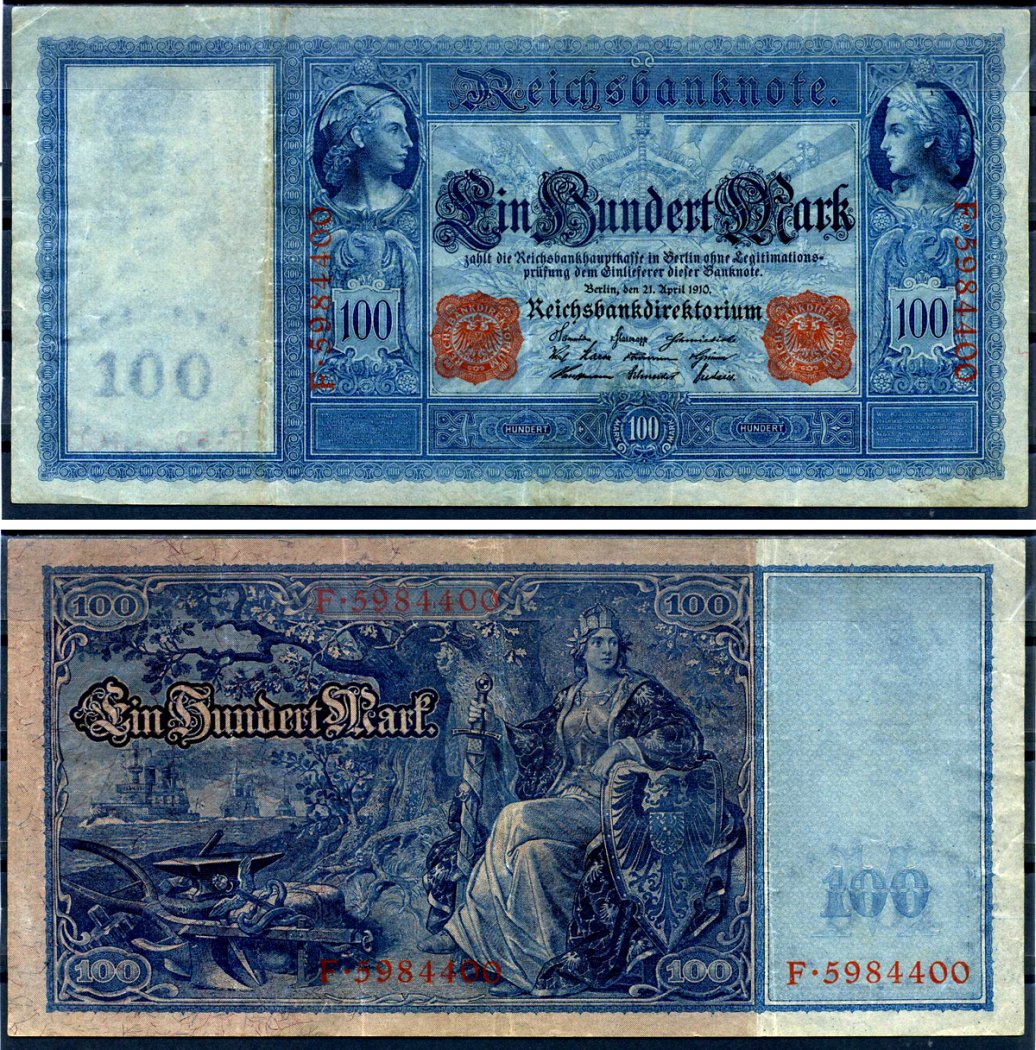 Германия 100 марок 1910 21 апреля 1910, красная печать, Меркурий и Церера, голубая бумага Pick 42 (2) бумага 2194-33-2-2