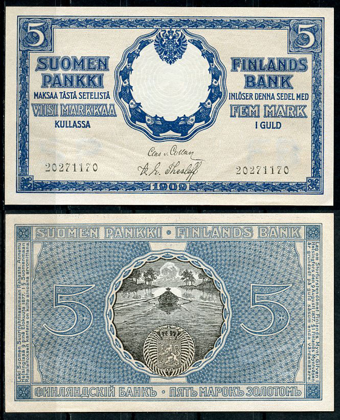Россия для Финляндии 5 марок золотом 1909 водяной знак FB SP Pick 9 a, Кардаков 15.1.180  бумага  aUNC 439-75-3-2