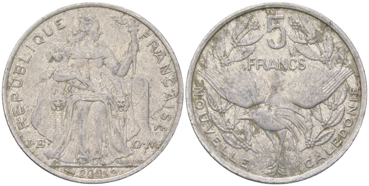 Французская Новая Каледония 5 франков 2001 птица кагу, (IEOM) KM 16, Schoen 12, Lec 81f алюминий 189-523