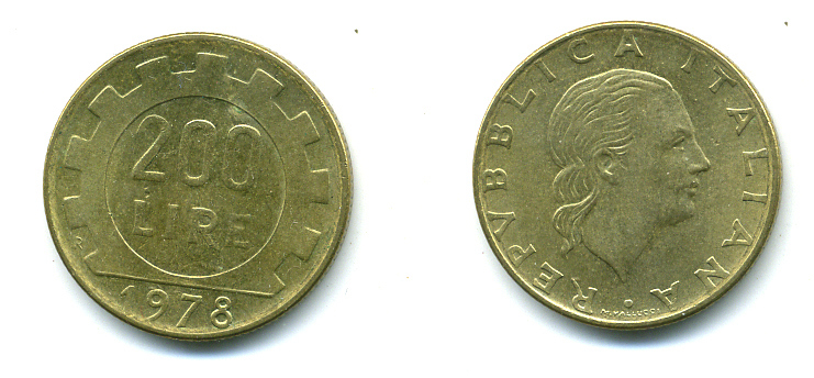 Италия 200 лир 1978 R, шестерня KM 105 алюминиевая бронза 59-1046